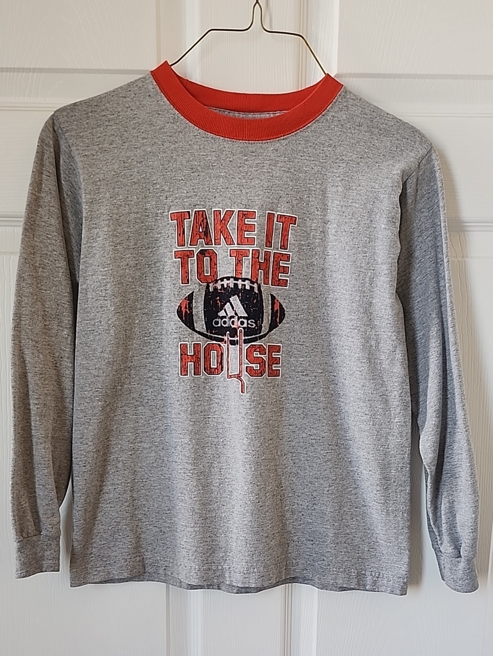 adidas Grey Long Sleeve Tee with Orange Neckline & Graphic - Boys Medium